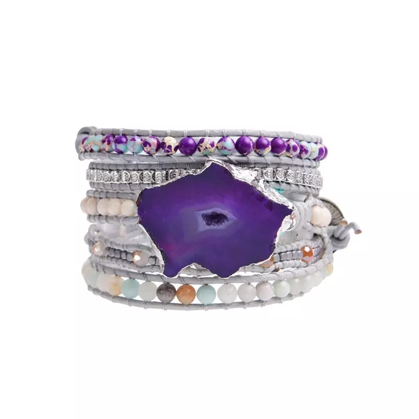 Handmade wrap bracelet featuring natural amethyst stone and silver-plated accents, adjustable fit, perfect for boho and casual styles.