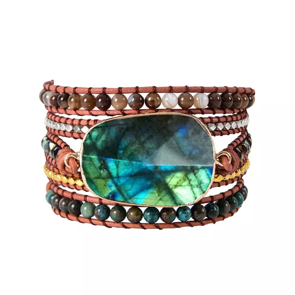 Handmade wrap bracelet featuring an eye-catching labradorite stone centerpiece, paired with natural imperial jasper and other gemstone beads, perfect for a boho chic look.