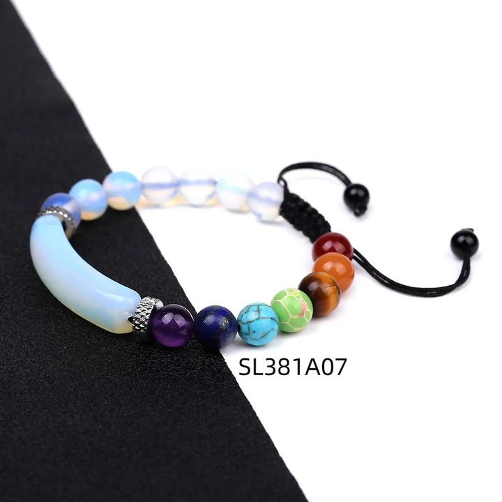 Handmade adjustable beaded bracelet featuring a curved Opalite stone, multicolor gemstone beads, and stainless steel accents, designed with a black woven cord.