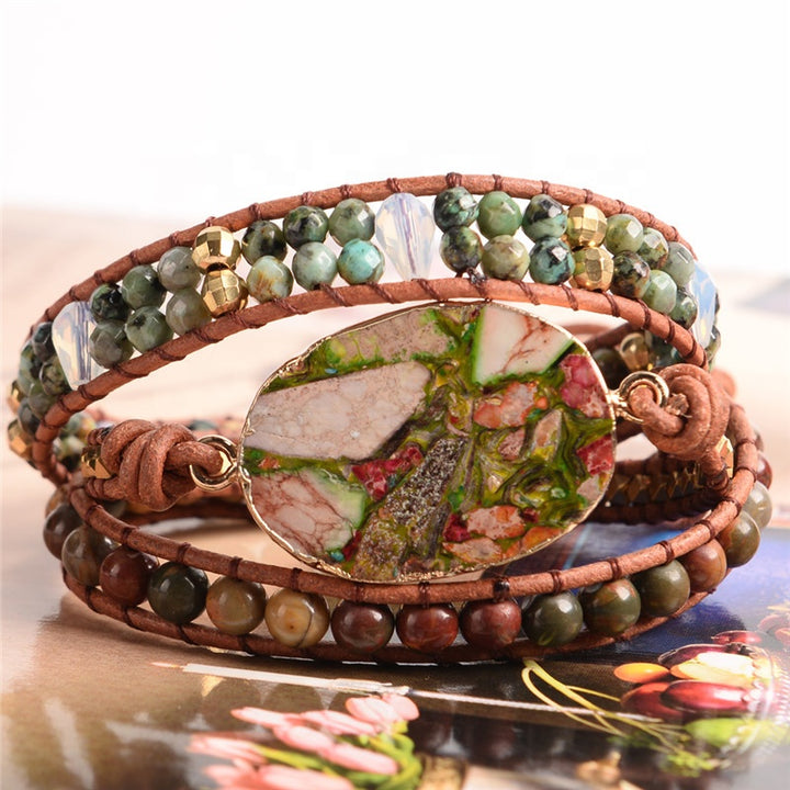 Adjustable 3-layer handmade bracelet featuring Rainforest Jasper stones, gold accents, and earthy tones, perfect for boho-style jewellery lovers.