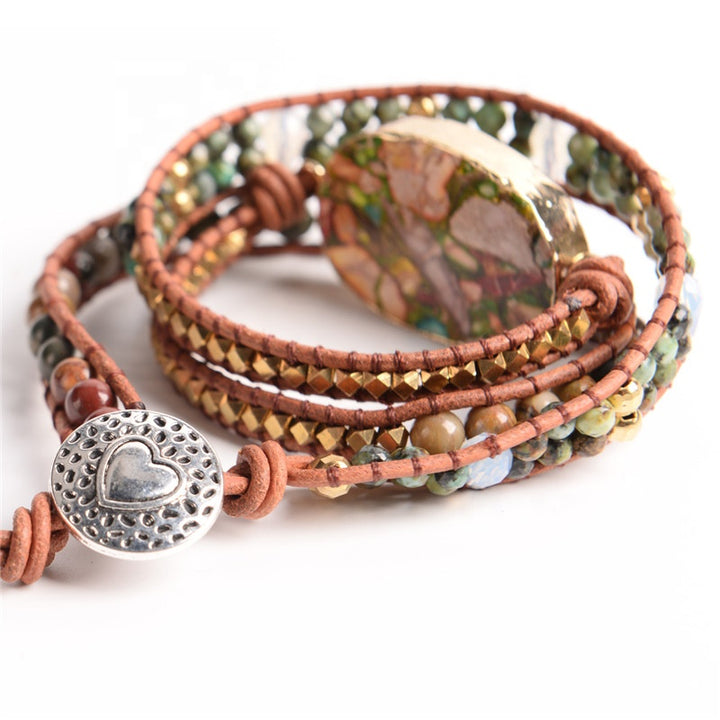Handmade adjustable 3-layer bracelet featuring Rainforest Jasper stone, golden accents, and heart clasp closure, perfect for boho jewellery lovers.