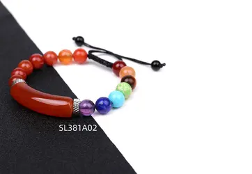 Handmade adjustable beaded bracelet featuring a curved red stone, multicolor gemstone beads, and stainless steel accents, designed with a black woven cord.