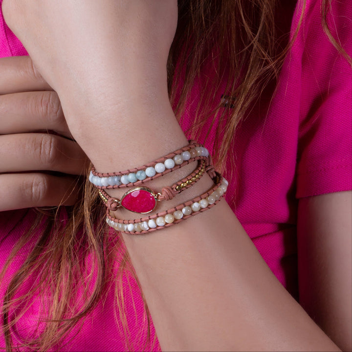 Handmade adjustable 3-layer bracelet with Rhodochrosite stones, featuring delicate pearls and gold accents, perfect for a boho-style gift.