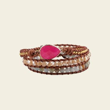 Handmade 3-layer wrap bracelet featuring Rhodochrosite natural stones, beige and brown beads, perfect for casual or gift occasions.