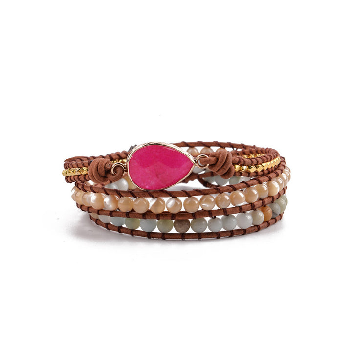 Handmade 3-layer wrap bracelet featuring Rhodochrosite natural stones, beige and brown beads, perfect for casual or gift occasions.