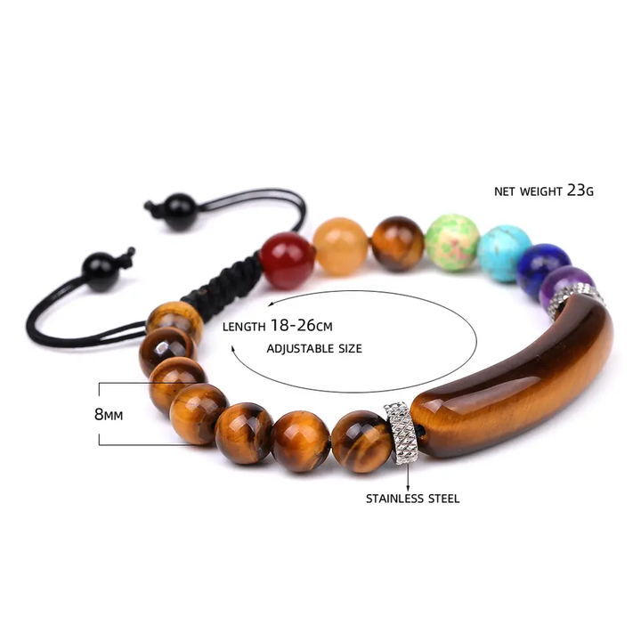 Adjustable natural stone beaded bracelet featuring an 8mm Tiger’s Eye curved bead with stainless steel accents, multicolor gemstone beads, and a black woven cord, with size and weight specifications displayed.