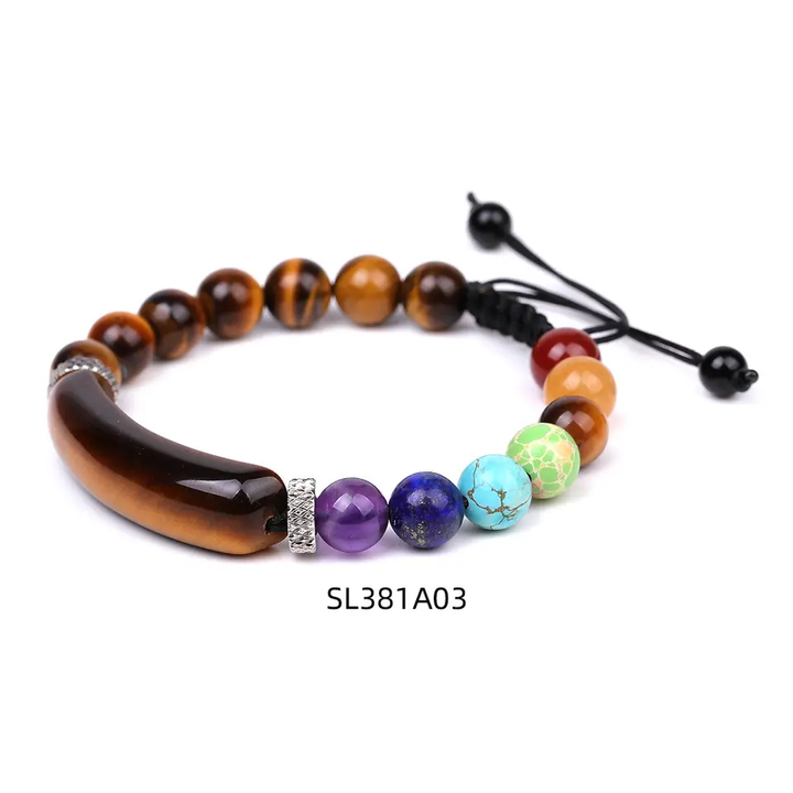 Handmade adjustable beaded bracelet featuring a curved Tiger’s Eye stone, multicolor gemstone beads, and stainless steel accents, designed with a black woven cord.