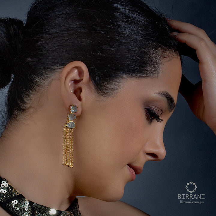 Handmade gold-plated earrings featuring natural citrine stones with elegant tassel details, perfect for adding a touch of glamour to any outfit.