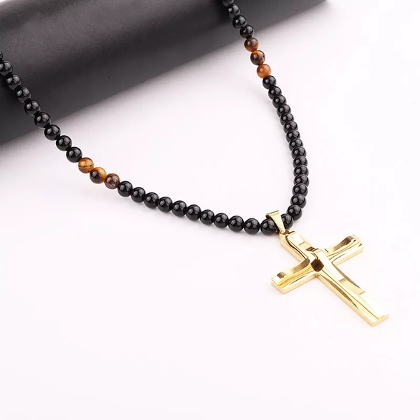 Adjustable Handmade Onyx & Tiger Eye Natural Stone Stainless Steel Cross Necklace