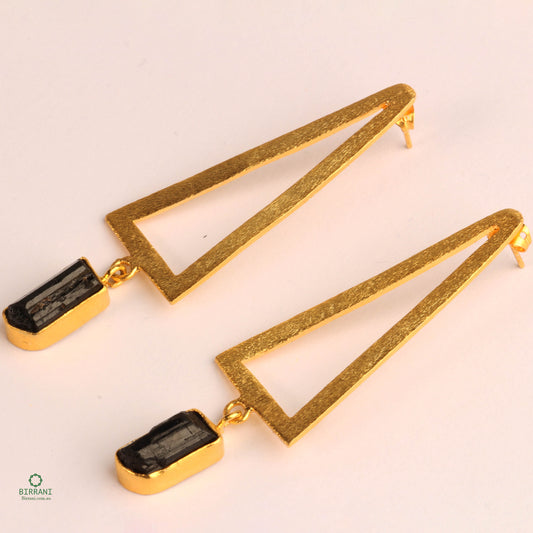 Elegant handmade stud earrings featuring 18k gold plating with Black Tourmaline natural stones in a sleek geometric design, perfect for adding modern elegance to any outfit.
