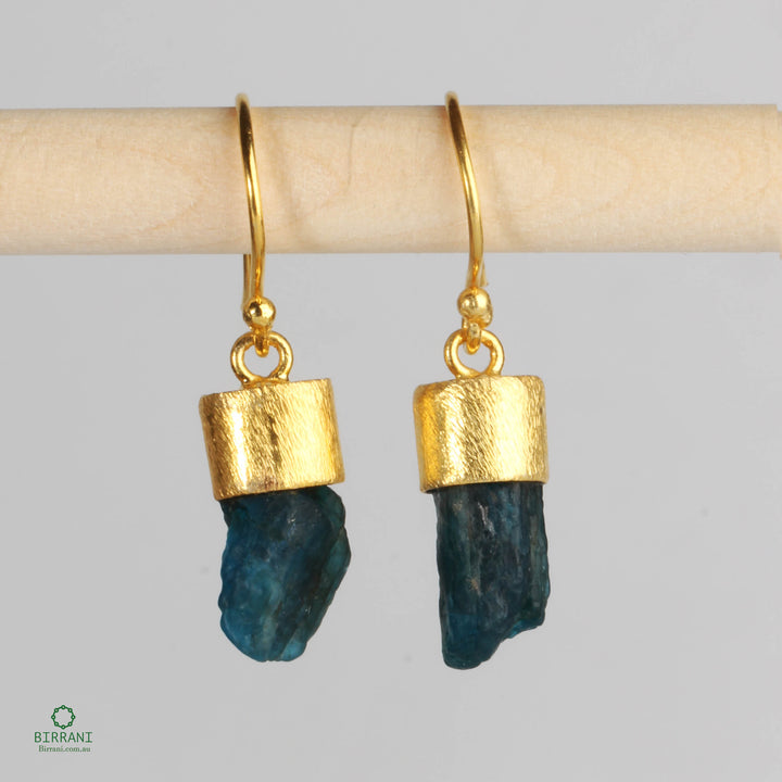 Handmade 18k gold-plated drop earrings featuring natural Apatite stones with a polished finish, perfect for casual and formal occasions.