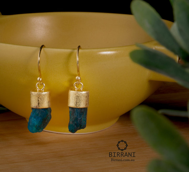 Handmade 18k gold-plated dangle earrings featuring natural Apatite stones with a polished finish, perfect for casual and formal occasions.