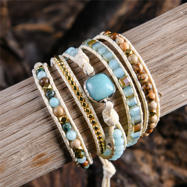 Five-layer handmade bracelet with Amazonite beads, gold accents, and an aquamarine stone centerpiece for a chic and boho look.