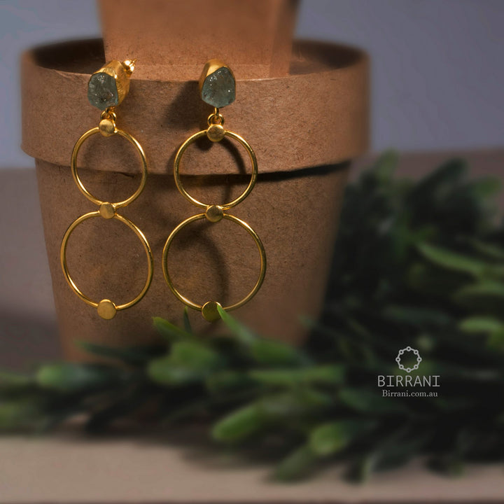 Handmade aquamarine earrings with double circle design, 18k gold plated, perfect for elegant occasions and gifts.