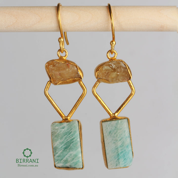 Handmade citrine and amazonite earrings featuring a geometric design, 18k gold plating, perfect for an elegant and sophisticated look.
