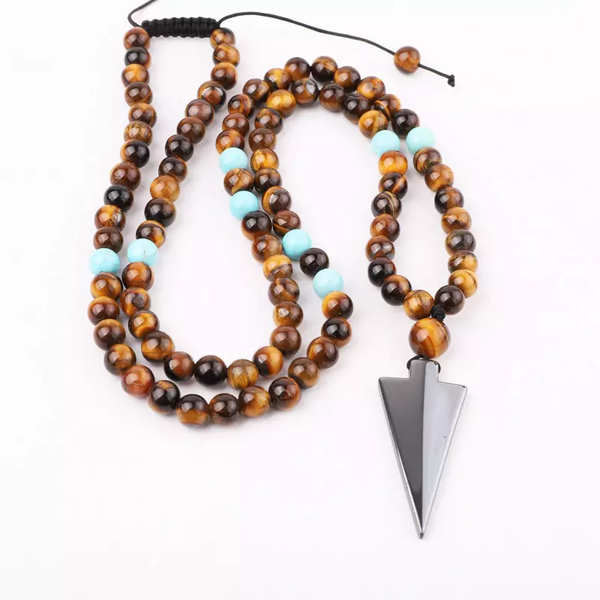 Adjustable New Design High Quality Natural Stone Matte Onyx Brown Tiger Eye Hematite Triangle Pendant Men Necklace