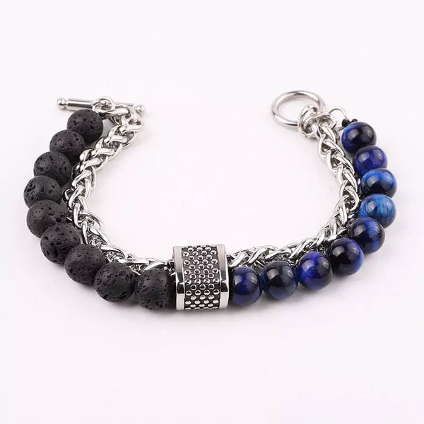 Vintage Stainless Steel Chain Natural Stone Matte Onyx & Lave Bracelet