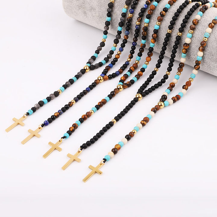 Handmade natural stone necklace with stainless steel cross pendant, featuring a mix of colorful beads including black onyx, turquoise, and tiger's eye.