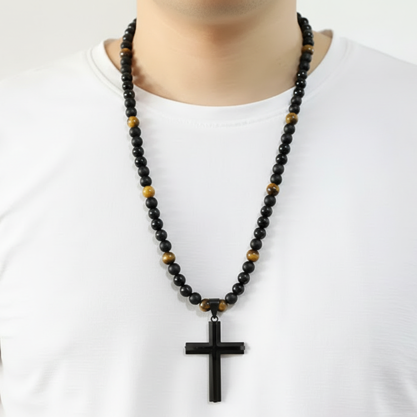 Men's handmade onyx and tiger eye necklace with a gold cross pendant, designed for a stylish and bold look.