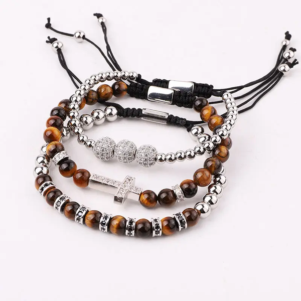 Adjustable Handmade Natural Stone Tiger's Eye Beads Bracelet CZ Cross